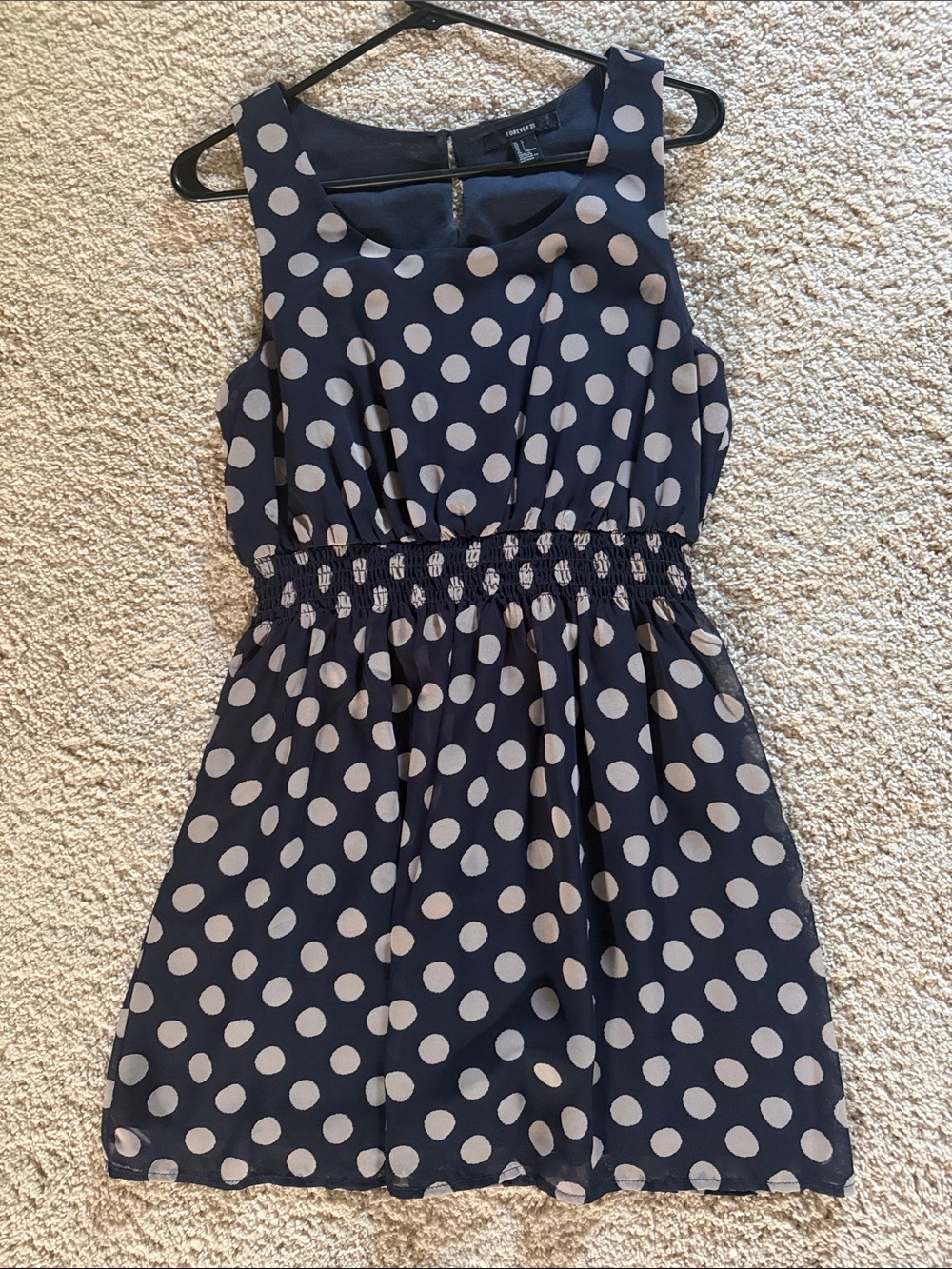 Forever 21 Navy and Beige Polka Dot Sleeveless Dress